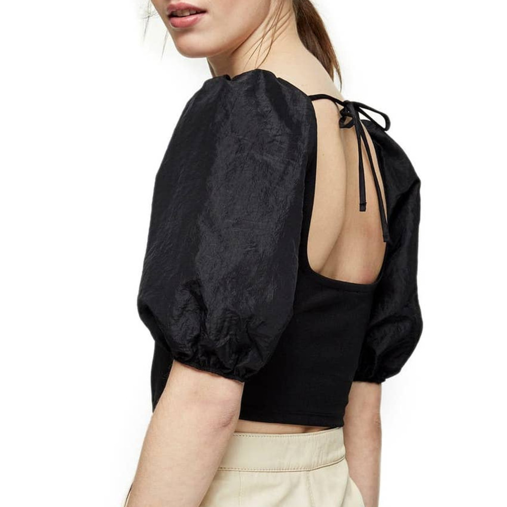 Topshop Taffeta Puff Sleeve Crop Top in Black